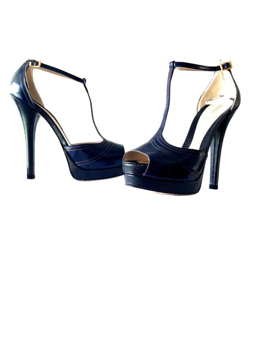 Fendi Navy & black Leather Perforated T-Strap Platform Heels Size 36 Made In Ita - Picture 5 of 11